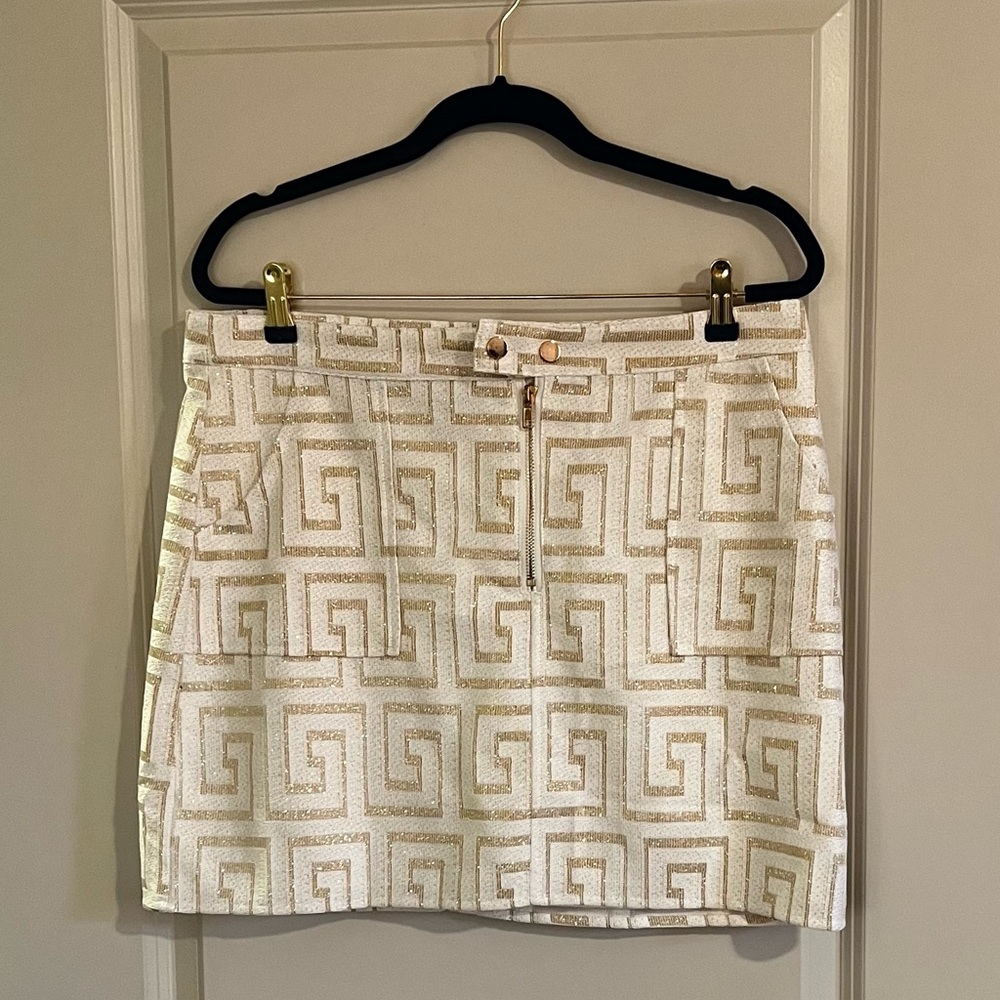 White and Gold Abstract Pattern Mini Skirt Size XL New